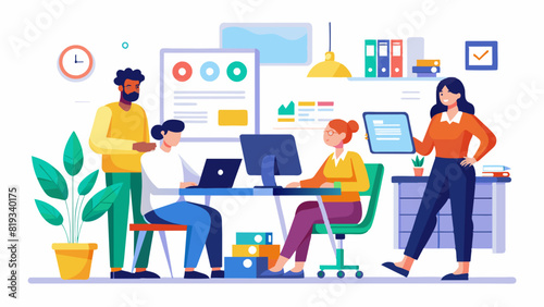 Office Workers UX/UI Illustration: Collaborative Team in Modern Workspace