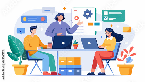 Office Workers UX/UI Illustration: Collaborative Team in Modern Workspace