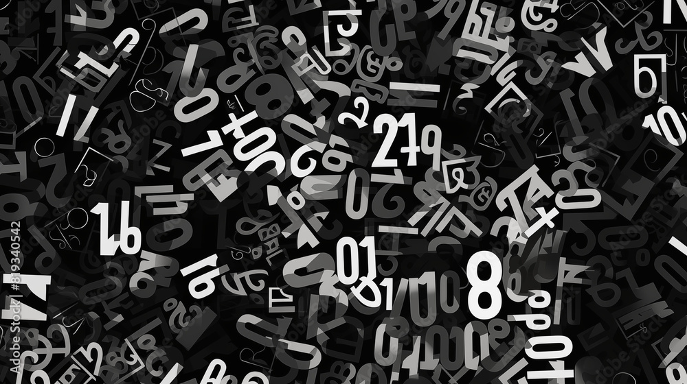 Abstract Image, Black and White Letters and Numbers, Pattern Style Texture, Wallpaper, Background, Cell Phone and Smartphone Cover, Computer Screen, Cell Phone and Smartphone Screen, 16:9 Format - PNG