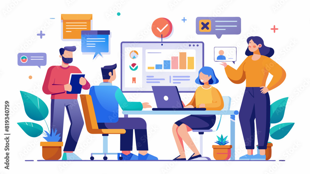 Office Workers UX/UI Illustration: Collaborative Team in Modern Workspace Office Workers UX/UI Illustration: Collaborative Team in Modern Workspace
