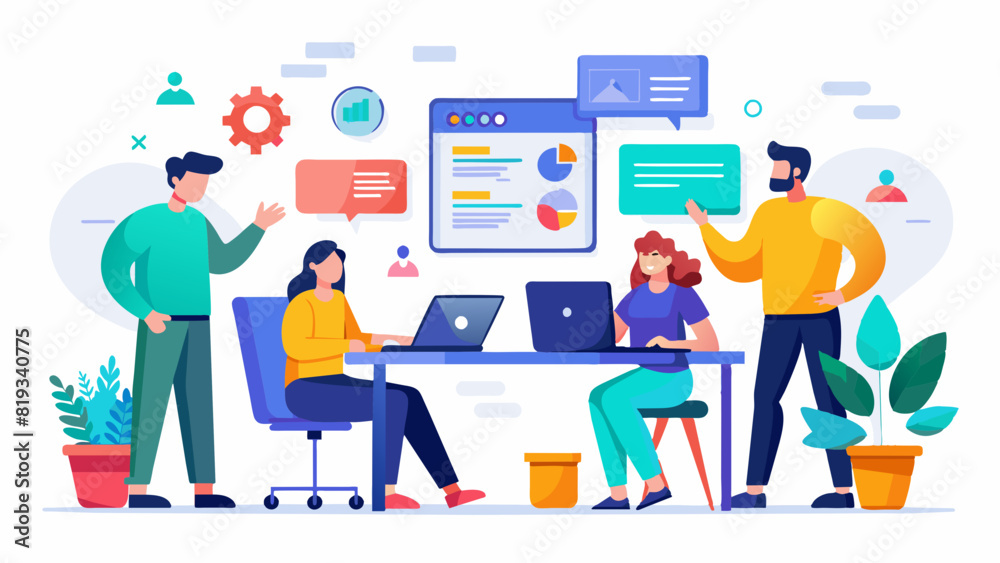 Office Workers UX/UI Illustration: Collaborative Team in Modern Workspace Office Workers UX/UI Illustration: Collaborative Team in Modern Workspace