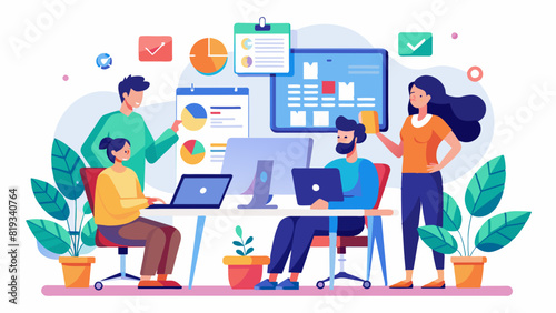 Office Workers UX/UI Illustration: Collaborative Team in Modern Workspace