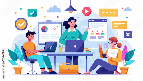 Office Workers UX/UI Illustration: Collaborative Team in Modern Workspace