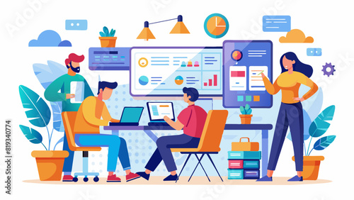 Office Workers UX/UI Illustration: Collaborative Team in Modern Workspace