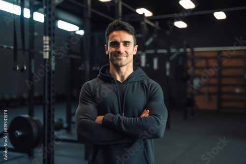Portrait of confident male athlete in gym Smiling male athlete standing in gym. Sportsman is with arms crossed. He is wearing hooded shirt