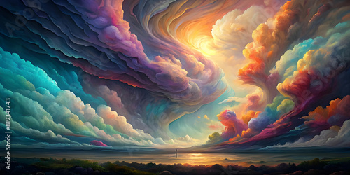 A vibrant and diverse array of colored clouds swirl and dance in the sky, creating a mesmerizing and ever-changing landscape (1)