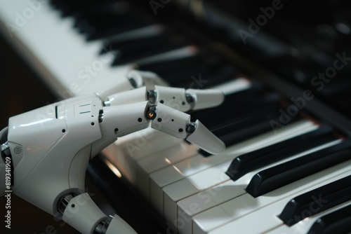 Close-up of a robot playing piano keys photo