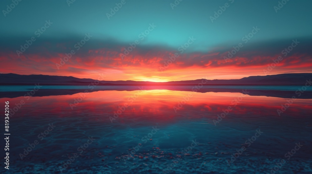 Stunning Sunset Reflection on Calm Water with Mountain Silhouette
