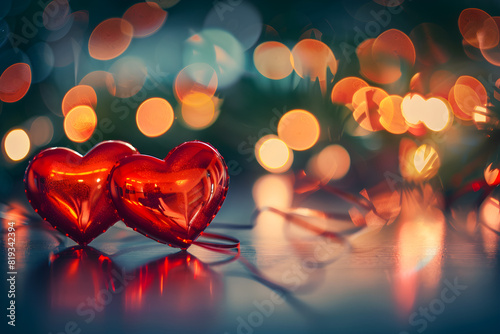 Close-up photo of shiny red hearts on a table with a blurred garland in the night background, symbol of a romantic date for valentine's day or wedding, design for banner, poster, invitation photo