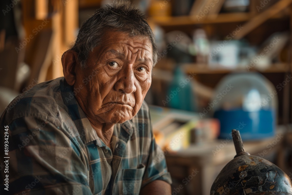 An individual in a flannel shirt sits quietly in a cluttered workshop beside a worn helmet An individual in a flannel shirt sits quietly in a cluttered workshop beside a worn helmet