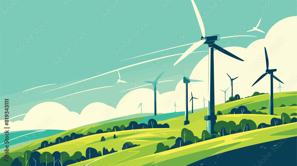 Wind power energy turbines on a green meadow vector