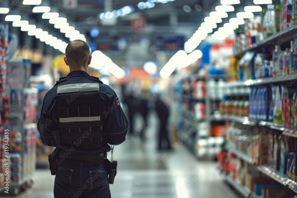 A security guard in uniform walks down the aisle of a supermarket, implying safety and surveillance in retail spaces A security guard in uniform walks down the aisle of a supermarket, implying safety and surveillance in retail spaces