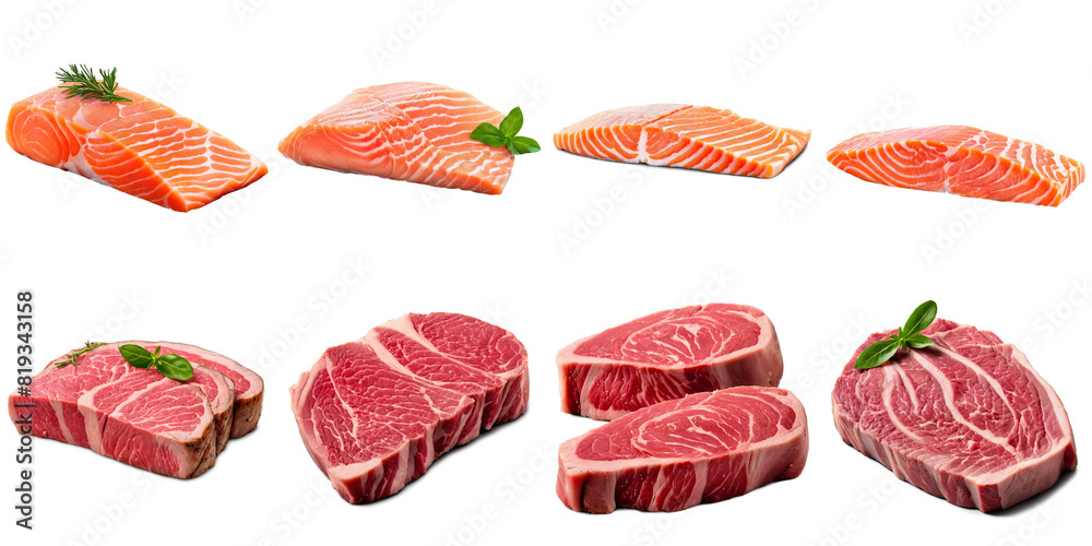 A series of four different pieces of fish and meat fillet, PNG with transparent background, AI A series of four different pieces of fish and meat fillet, PNG with transparent background, AI