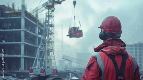 Professional civil engineer looking crane working and lifting box at construction site. Portrait of skilled industrial worker wearing hard hat or safety helmet managing and checking at site. AIG42. photo