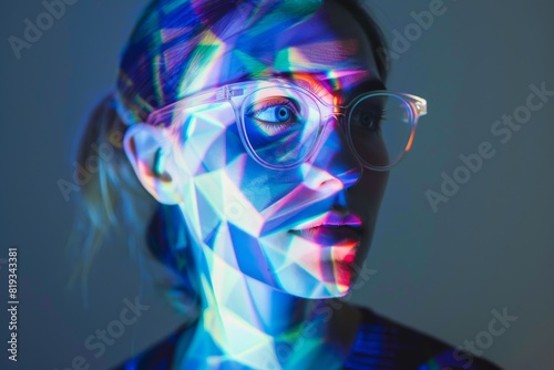 A person is featured with vibrant light projections mapping across the visible portions, creating a dynamic, futuristic look