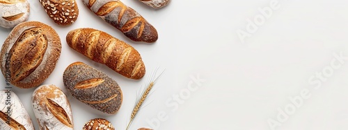 Bread bakery background, top view, fresh white wheat loaf. Background food, flour bakery top, bread slice, pastry brown, breakfast bake, organic cut table, French grain baguette, board wood whole, woo photo