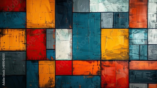 An oil painting showing Mondrian's geometric art style, long exposure, 2d illustration, 2K, high detail, teal, orange, red, gray, blue 
