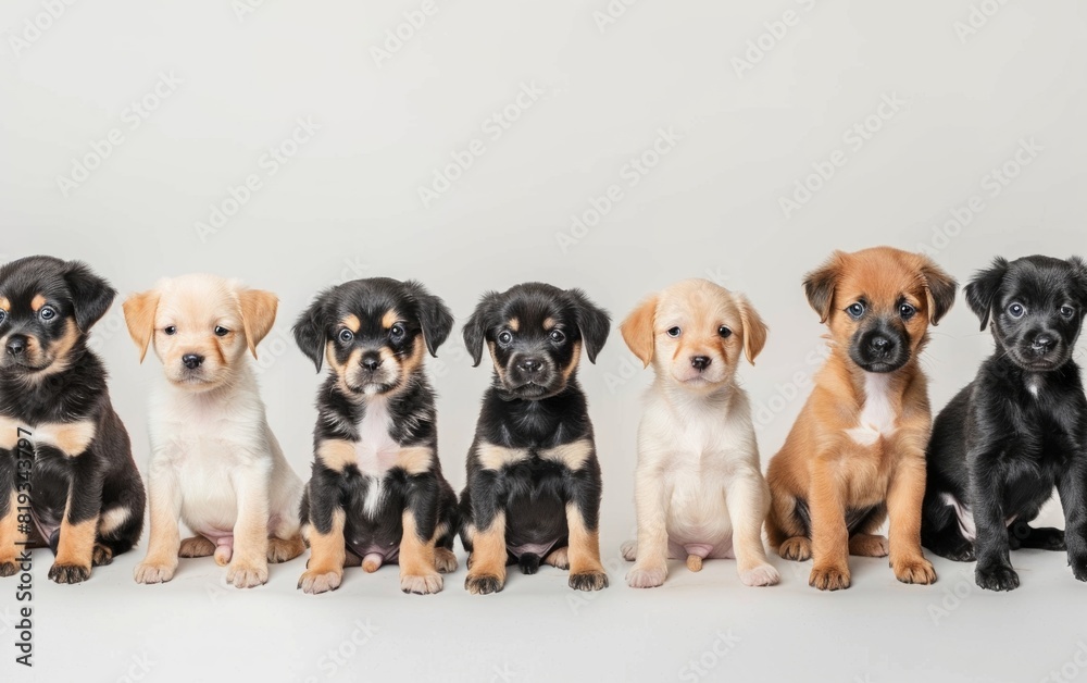A lineup of diverse, adorable puppies sitting against a white background.