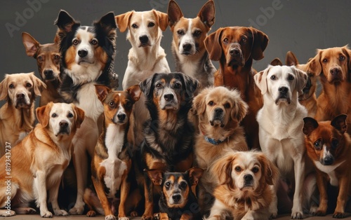 A diverse group of dogs, ranging from small to large, in various poses.