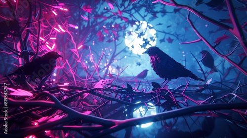 A neon-infused thicket alive with the chirp of digital birds, its tangled underbrush casting long shadows in the glow of artificial moonlight. photo