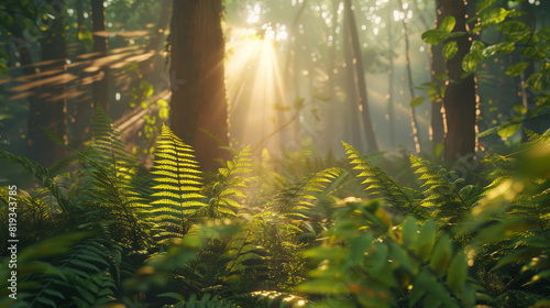 Sunlight Pierces Forest  Illuminating Ferns