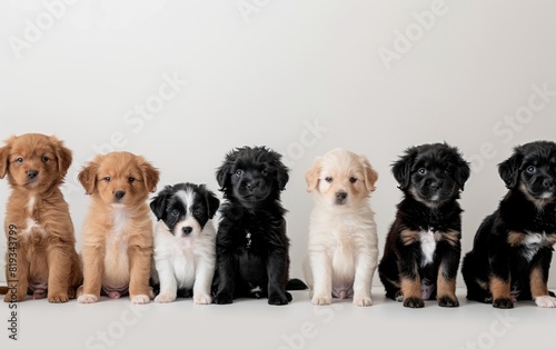 A lineup of diverse, adorable puppies sitting against a white background.