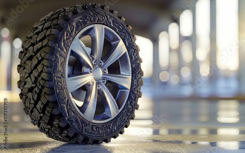 A single winter tire with deep treads and a shiny alloy wheel.