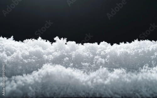 A thin layer of fluffy, white snow isolated on a black background.