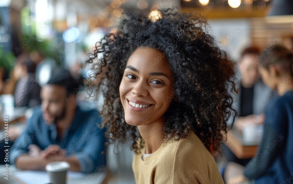 A woman with curly hair smiling at a busy co-working environment.