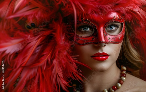 A woman in a red feather mask and bead necklace.