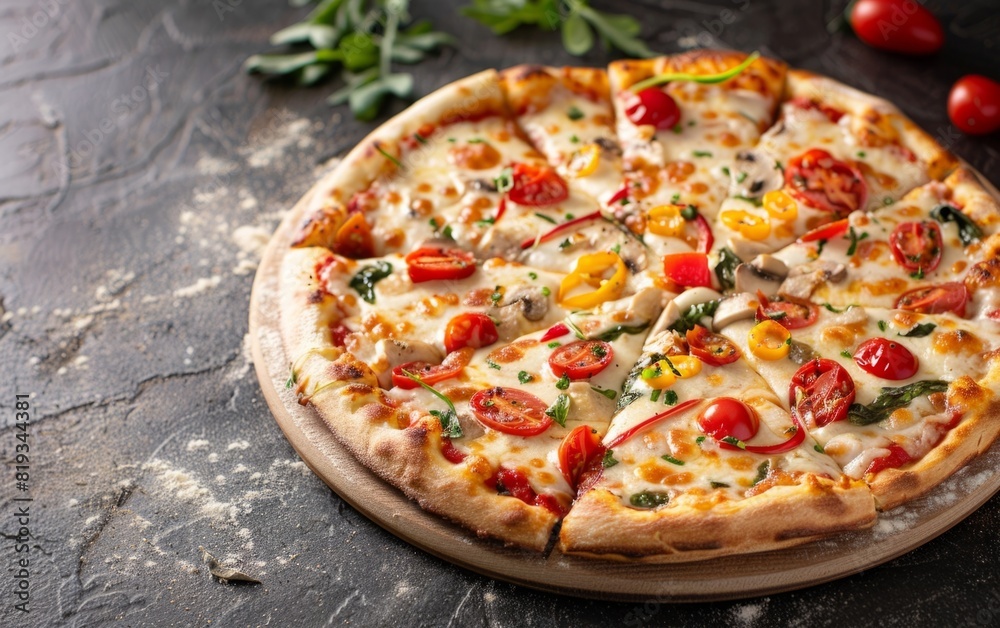 Appetizing pizza with colorful toppings spread on a rustic dark background.