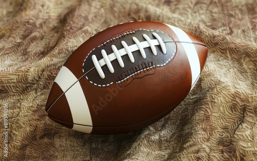 American football with white lacing and stripes on textured brown surface.