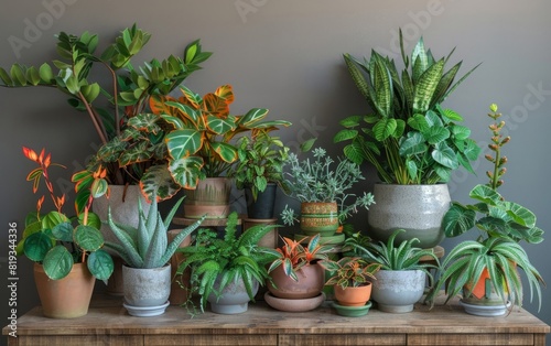 An eclectic collection of indoor plants arranged on a wooden cabinet.