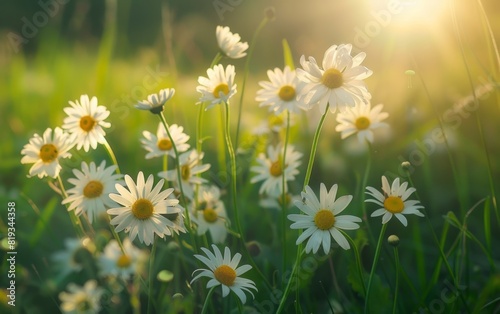 Daisies in a sunlit meadow, glowing against a backdrop of vivid green.