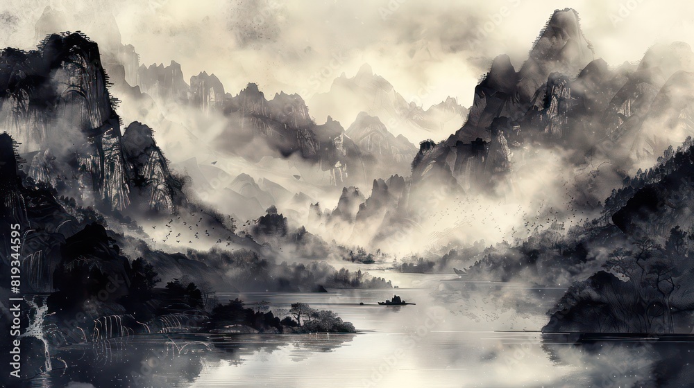 Fototapeta premium Ink and wash painting of misty mountains and river landscape