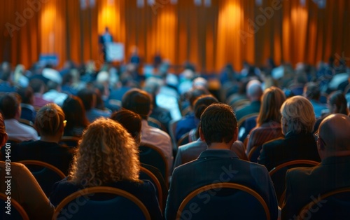 Audience attentively listening to a speaker at a well-lit conference hall.