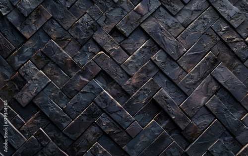 Dark, textured brick wall in an intricate herringbone pattern.