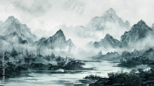 Ink and wash painting of misty mountains and river landscape