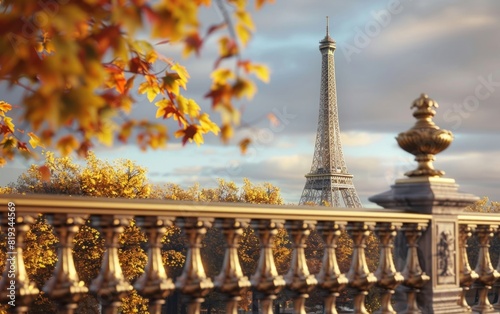 Autumn at the Eiffel Tower viewed from a golden bridge.