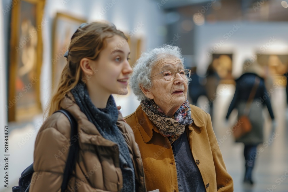 A young girl and elderly woman contemplate paintings in an art gallery together