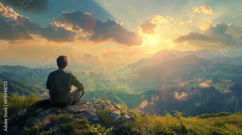 Man sitting on a hill looking at view of the majestic landscape at daytime  amazing sunlight