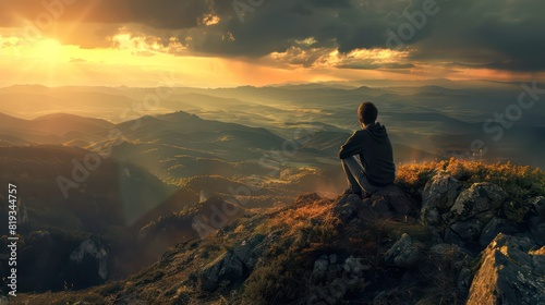 Man sitting on a hill looking at view of the majestic landscape at daytime, amazing sunlight