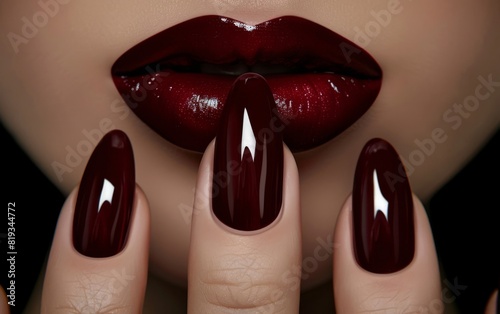 Dark wine-red lips and matching glossy nails evoke a sense of mysterious allure.