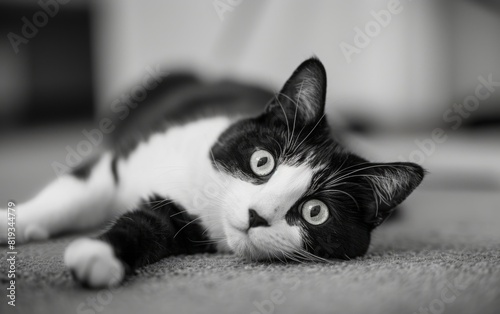 Black and white cat lying on the floor with wide eyes.