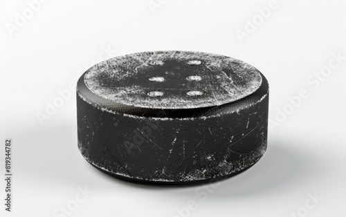 Black hockey puck with textured sides, isolated on white. photo