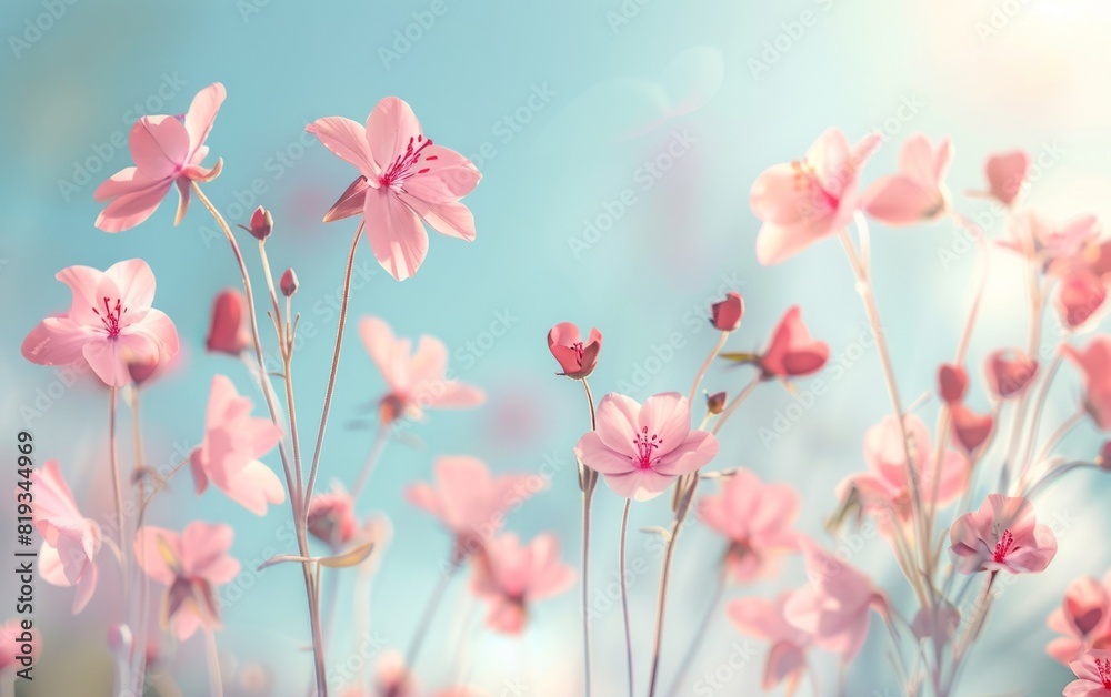 Delicate pink flowers swaying against a serene, blue gradient sky.