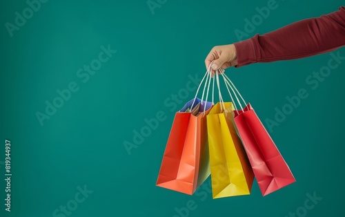 Hand holding colorful shopping bags against a teal background.