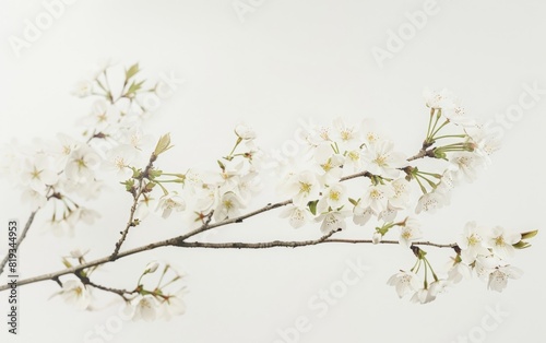 Delicate cherry blossoms on thin branches against a stark white background.