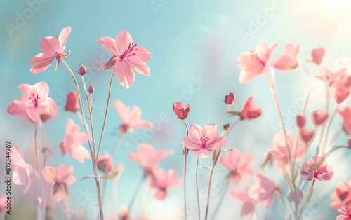 Delicate pink flowers swaying against a serene, blue gradient sky.