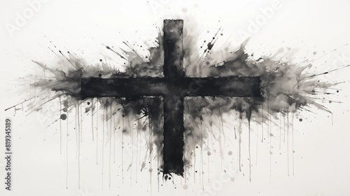 Abstract Black and White Cross with Ink Splatter Design